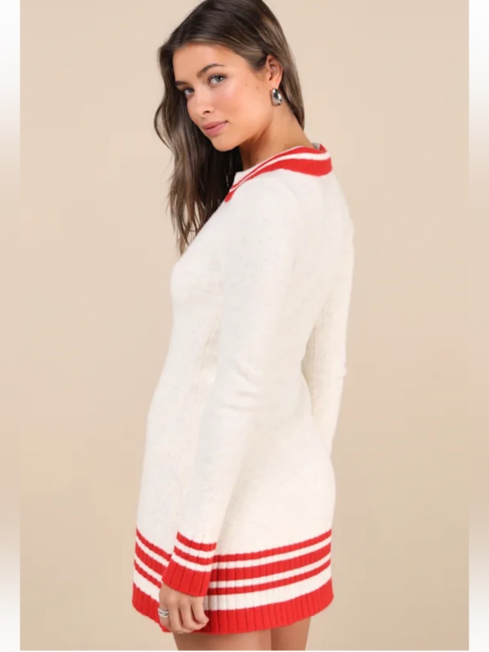 Lulus Soft Serenity Heather Ivory and Red Collared Sweater Mini Dress - Picture 7 of 9
